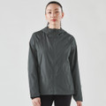 A women's wind jacket in dark grey with a hood and a logo, featuring a lightweight design and long sleeves.