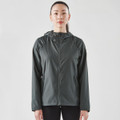A dark grey women's wind jacket with a hood, featuring a front zipper and a minimalistic design.