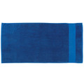 A blue beach towel with a solid colour design and a contrasting border, featuring a logo.
