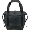 A dark green cooler bag with black handles and a zippered top, featuring a front pocket and a logo.