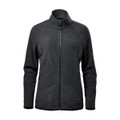 A women's full zip jacket in dark grey with a high collar and two side pockets. It features a logo.