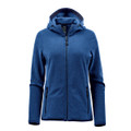 A blue women's full zip hoody with a hood and zippered pockets. It features a logo on the front.