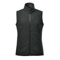 A dark green women's vest with a high collar and zippered front, featuring side pockets and a logo.