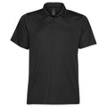 A black men's polo shirt featuring a classic collar and three-button placket, with a branding logo.
