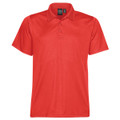 A red men's polo shirt with a classic collar and three-button placket. It features a logo on the label.