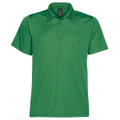 A green men's polo shirt with a classic collar, featuring a branding logo on the chest.