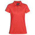 A red women's polo shirt with a collar, short sleeves, and a button placket. It features a logo on the label.