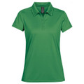 A green women's polo shirt featuring a collared neck and short sleeves, with a logo on the chest.