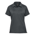 A women's polo shirt in dark grey, featuring a stylish design and a logo on the chest.