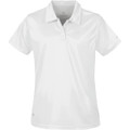 A white women's polo shirt with a collar and short sleeves, featuring a logo.