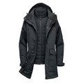 A dark green women's jacket with a removable inner layer and hood, featuring multiple pockets and a branding logo.