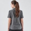A women's quick dry button-up shirt in grey, featuring short sleeves and a collar. The shirt has a logo on it.