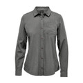 A women's button-up shirt in a green hue with long sleeves and a chest pocket. It features a logo on the label.