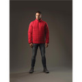 A red quilted jacket with a high collar, modeled by a person standing against a dark background.