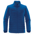 A blue quilted jacket with a zip front and stand collar, featuring a logo on the side.