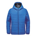 A blue quilted hoody with a zipper and a hood; features a black interior and has a logo.