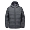 A dark grey quilted hoody with a zip front and hood, featuring a logo on the chest.