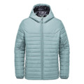 A light blue quilted hoody with a zip front and a hood, featuring a logo on the chest.