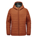 A rust-coloured quilted hoody featuring a zip closure and a hood, with a contrasting inner lining and a logo.