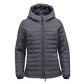 A grey women's quilted hooded jumper featuring a zip front and a logo.