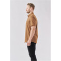 A side view of a men's short-sleeve button-up shirt in brown with a subtle pattern, featuring a small pocket.