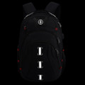 A black backpack with red accents and multiple compartments, featuring an emblem and metal loops.
