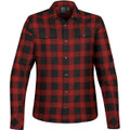 A red and black plaid button-up shirt with snap front and two chest pockets, featuring a brand logo.