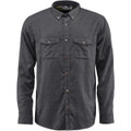 A dark grey button-up shirt with long sleeves and two chest pockets. It features a logo on the label.