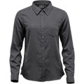 A Women's long-sleeve button-up shirt in grey with a pointed collar, featuring a chest pocket and a logo.