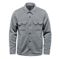 A grey unisex shacket featuring a button-up design, two chest pockets, and a casual style.