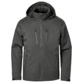 A lightweight rain jacket in dark green with a hood and multiple zippered pockets, featuring a logo.