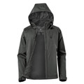 A women's lightweight rain jacket in dark green with a hood, featuring a logo and zippered front pockets.