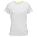 A white women's active t-shirt with short raglan sleeves and a neon green neckline, featuring a logo.