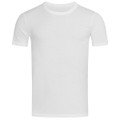 A plain white crew neck t-shirt with short sleeves. The shirt has a logo on it. 