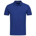 A blue men's polo shirt with a classic collar and short sleeves. Features a branding logo.