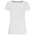 A white women's t-shirt featuring a V-neck design and short sleeves, with a hint of purple detail inside the neckline.