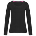 A black women's long sleeve t-shirt featuring a V-neck design and a contrasting inner neckline.