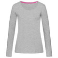 A grey women's long sleeve t-shirt with a V-neck, featuring a contrasting inner neckline and a logo.