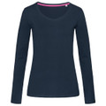 A navy long sleeve women's t-shirt with a V-neck design and a contrasting inner neckline. It features a logo.
