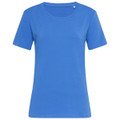 A blue women's crew neck t-shirt with short sleeves and no visible logos or branding.