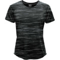 A women's T-shirt in dark green with a textured pattern, featuring a logo at the neckline.