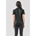 A dark grey women's polo shirt with a short sleeve design, seen from the back. The shirt features a subtle texture.