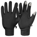 A pair of black gloves featuring touchscreen fingertips and a fitted design. The gloves have a branding logo.