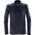 A navy men's fleece pullover with a half zip and long sleeves, featuring branding on the hem.