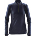 A women's navy pulse fleece pullover with a half-zip collar and long sleeves. Features stitching details and a logo.