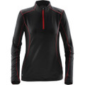 A women's black fleece pullover with red accents and a quarter zip, featuring long sleeves and a logo.