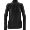 A women's black fleece pullover with a quarter zip and long sleeves, featuring a small logo on the hem.