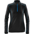 A women's long-sleeve black fleece pullover with blue piping and a zip collar, featuring a logo.