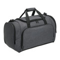 A grey duffle bag with black accents, featuring a handle and zippers, and has a branding logo.