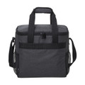 A grey cooler bag with dual handles, a detachable shoulder strap, and mesh side pockets. It features a zippered closure and branding.